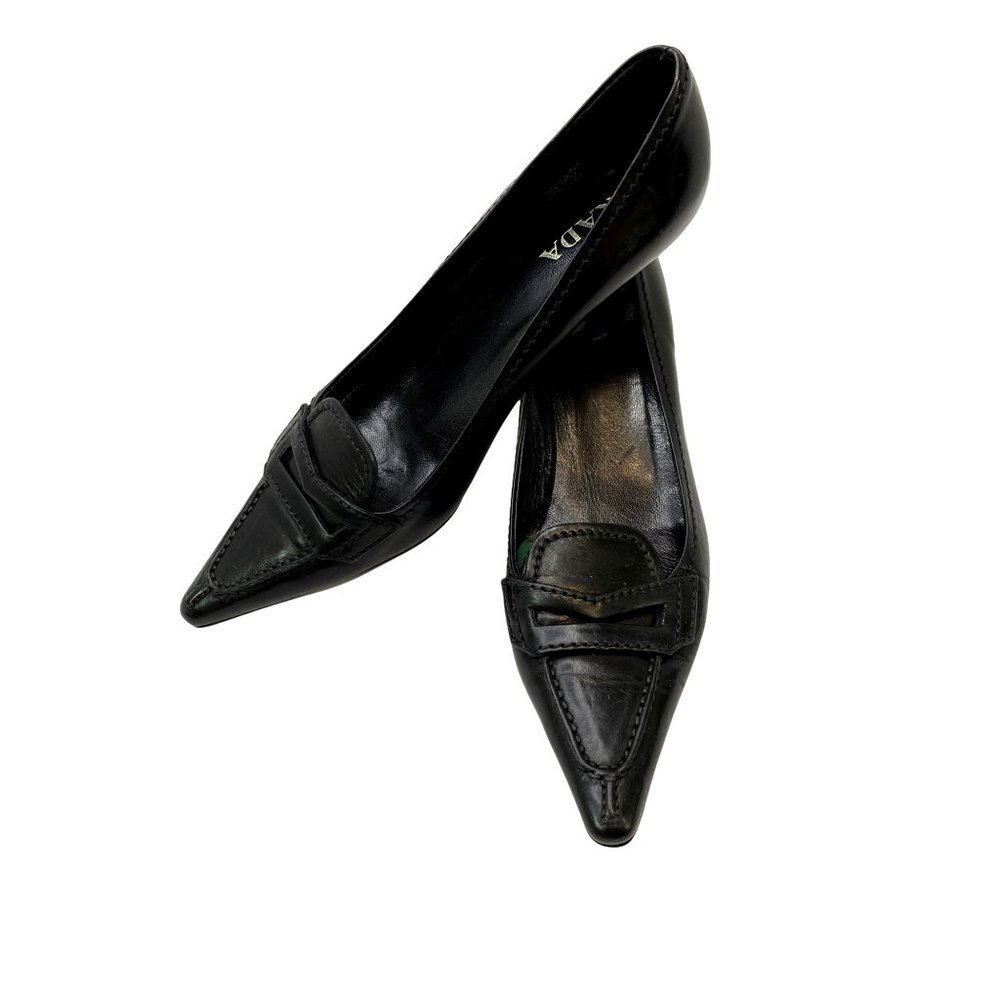 Prada High Heels Leather Pumps Size EU 37 US 6.5 Black Women Pointed Toe - Picture 2 of 10